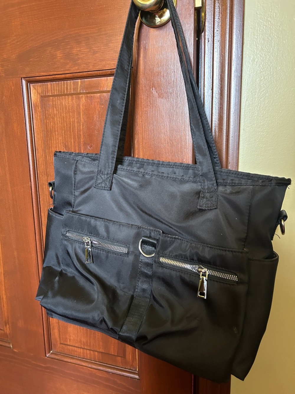 Black Women's Tote Bag with Front Zipper Pockets